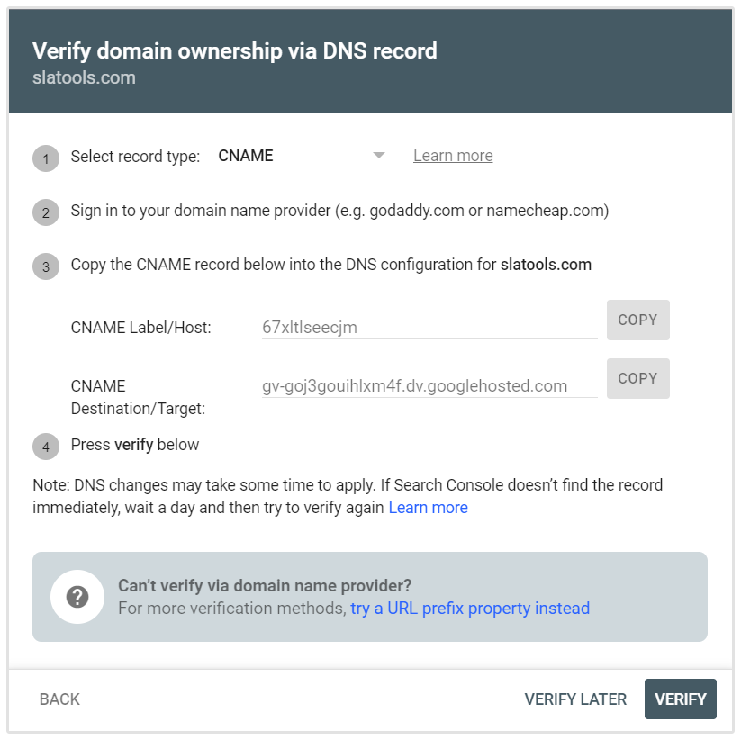 Cname record verifcation Google Search Console